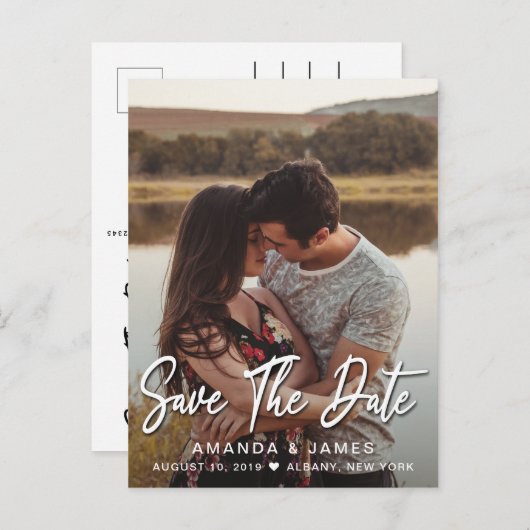 Elegant Vertical Typography Wedding Save the Date Aankondigingskaart (Voorkant / Achterkant)