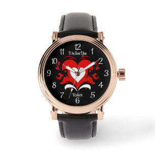 Elegant vet rood wit hart tegen zwart & tekst horloge