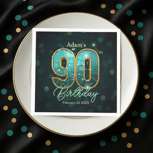 Elegant Vibrant Teal and Gold 90th Birthday Servet