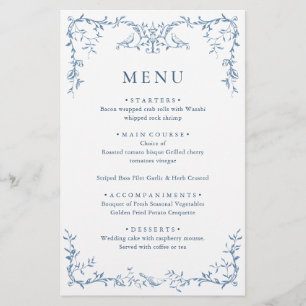 Elegant Victoriaans Blauw Bloemen Trouwmenu