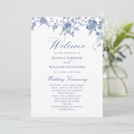 Elegant Victoriaans Blauw Bloemen Trouwprogramma Programma (Staand voorkant)