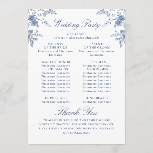 Elegant Victoriaans Blauw Bloemen Trouwprogramma Programma (Achterkant)