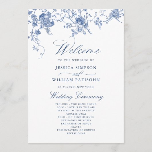 Elegant Victoriaans Blauw Bloemen Trouwprogramma Programma (Voorkant)