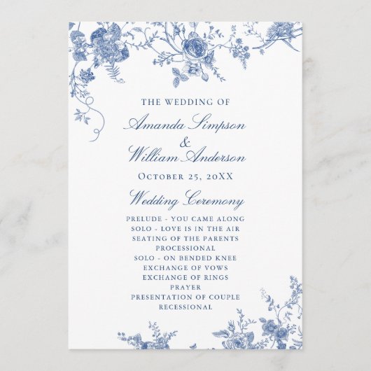 Elegant Victoriaans Blauw Bloemen Trouwprogramma Programma (Voorkant)