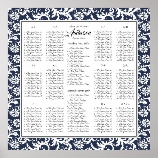 Elegant Victoriaans Damask Wedding Seding Chart Poster (Voorkant)