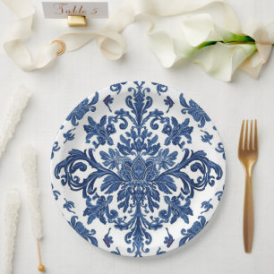 Elegant Victoriaans damast bloempatroon marineblau Papieren Bordje