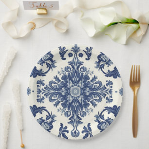 Elegant Victoriaans damast bloempatroon marineblau Papieren Bordje