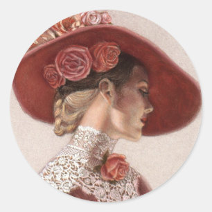 Elegant Victoriaans Lady Fine Art  Roos Pet Ronde Sticker