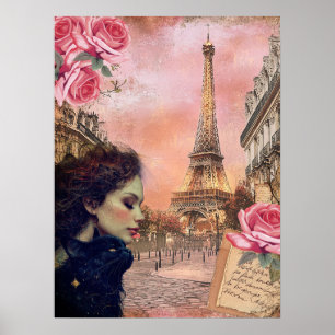 Elegant Victoriaans meisje en zwarte kat in Parijs Poster