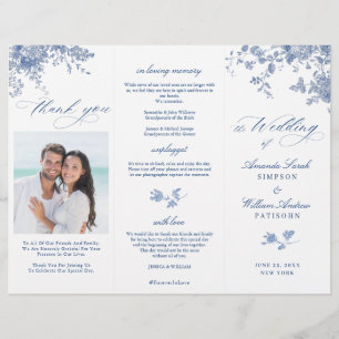 Élégant Victorian Blue Floral Wedding Programme