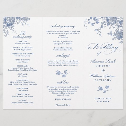 Élégant Victorian Blue Floral Wedding Programme (Devant)