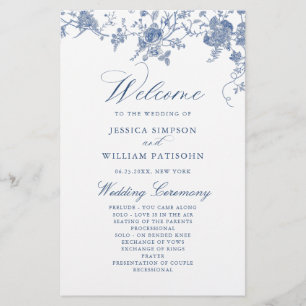 Élégant Victorian Blue Floral Wedding Programme