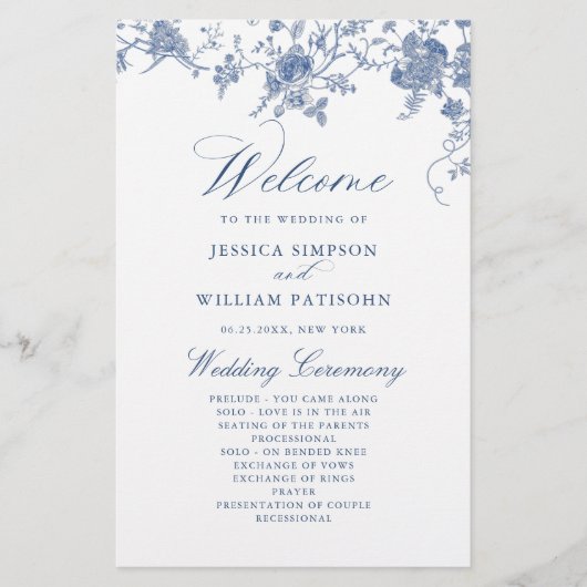Élégant Victorian Blue Floral Wedding Programme (Devant)