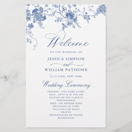 Élégant Victorian Blue Floral Wedding Programme (Devant)