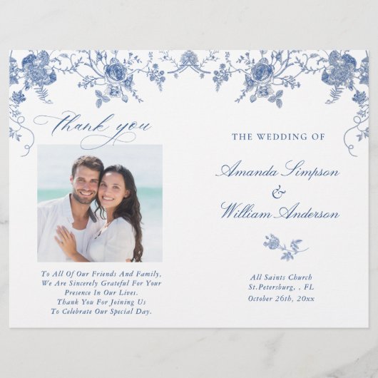 Élégant Victorian Blue Floral Wedding Programme (Devant)