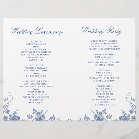 Élégant Victorian Blue Floral Wedding Programme (Dos)