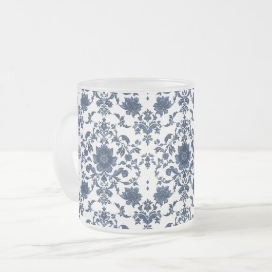 Elegant Victorian Damask Flower Pattern Navy Blue Matglas Koffiemok (Voorkant links)