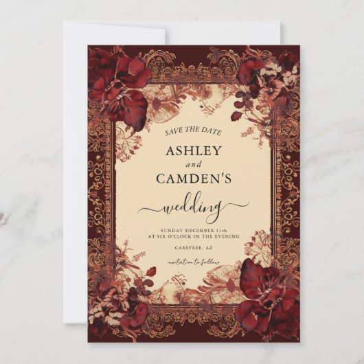 Elegant Victorian Red Gold Wedding Save The Date (Voorkant)