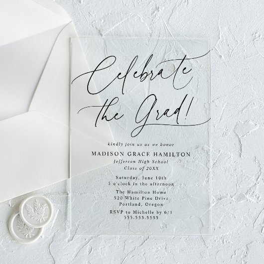 Elegant vieren het Afstudeerder Black Script Afstu Acryl Uitnodigingen