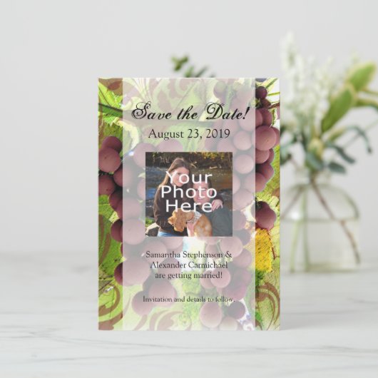 Élégant Vignoble Violet/Vert Photo Save the Date (Debout devant)