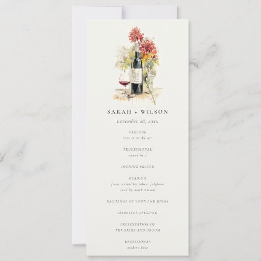 Élégant Vin Rouge Jaune Floral Programme de mariag (Devant)