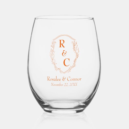 Elegant Vine Crest Couple's Monogram Persimmon Wijnglas Zonder Voet (Voorkant)