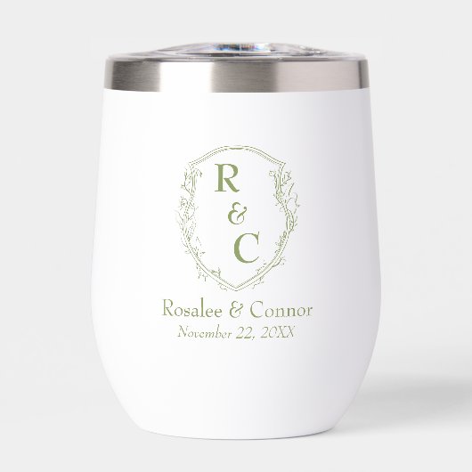 Elegant Vine Crest Monogram + Datum Mos Groen (Voorkant)