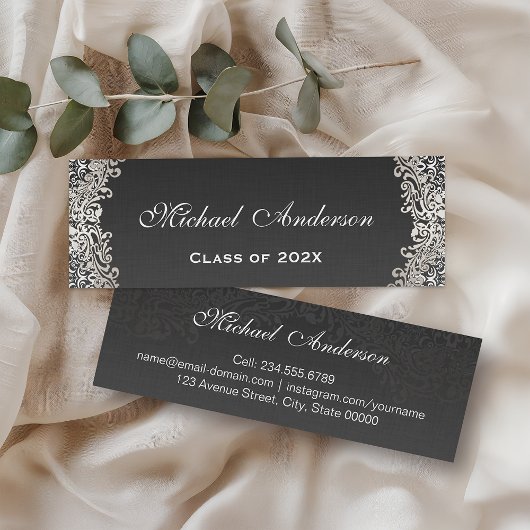 Elégant Vintage Argent Damask Graduation Carte Nom