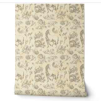 Elegant vintage beige toile paard bloempatroon behang