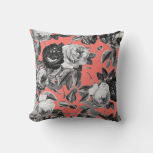 Elegant Vintage Black White Roos Coral Pink Kussen