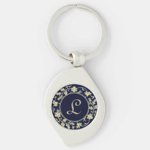 Elegant Vintage Blau Bloem Initialen Monogram Sleutelhanger