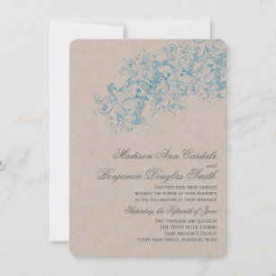 Elégant Vintage Bleu Flourish Mariage Invitations