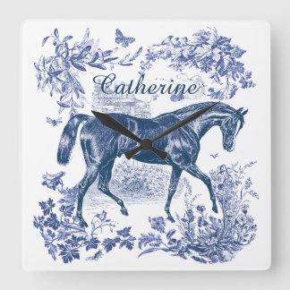 Elegant Vintage Blue Horse Country Toile Name Vierkante Klok