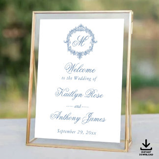 Elegant Vintage Blue Toile Monogram Wedding Poster