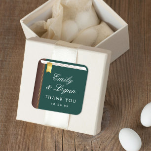Elegant Vintage Boek Donkergroen Trouwgunst Vierkante Sticker