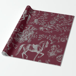 Elegant Vintage Bourgondië Grijs Paard Bloemmotief Cadeaupapier