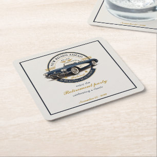 Elegant Vintage Embleem Blauwe Auto Pensioenfeest Vierkante Kartonnen Onderzetter