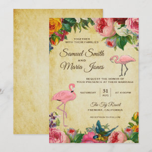 Elegant Vintage Floral Flamingo Wedding Invitation Kaart