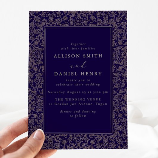 Elegant Vintage Frame Navy Wedding Kaart