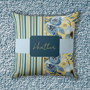 Elegant Vintage Monogram Blauw Goud Bloem Streep Kussen