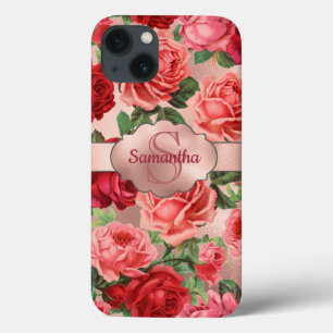 Elegant Vintage Pink Red Roses Floral Monogrammed iPhone 13 Hoesje