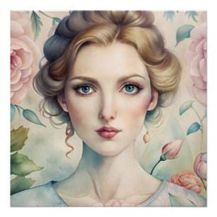 Élégant Vintage portrait floral Poster brillant