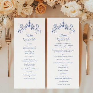 Elégant Vintage Romance Blue Food and Dracks Menu