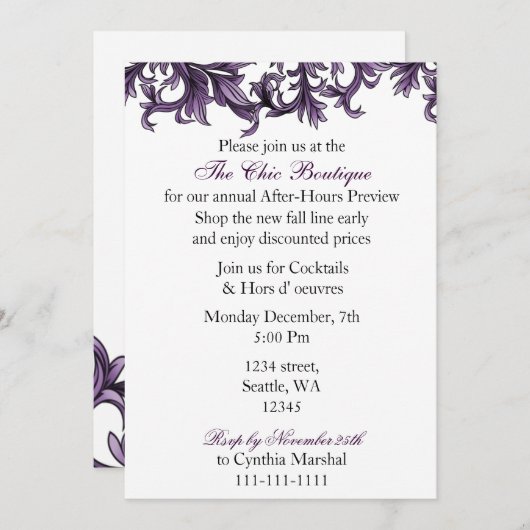 Elégant violet Business party Invitation (Devant / Derrière)