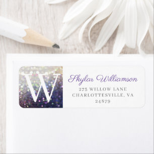 Elegant Violet & Champagne Glitter Monogram Etiket