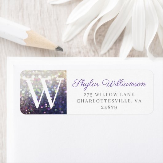 Elegant Violet & Champagne Glitter Monogram Etiket (Insitu)