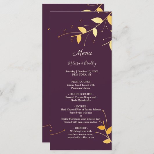 Élégant violet doré Feuille Mariage Menu (Devant / Derrière)