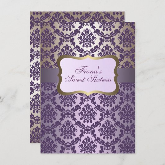 Élégant violet et or damassé Invitation d'annivers (Devant / Derrière)