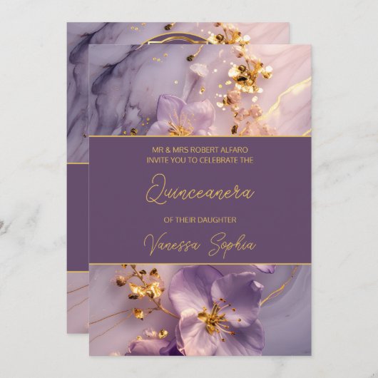 Elégant violet et or Quinceañera Invitation (Devant / Derrière)