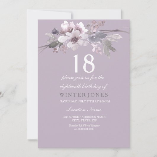 Élégant violet fleuri 18e anniversaire Invitation  (Devant)